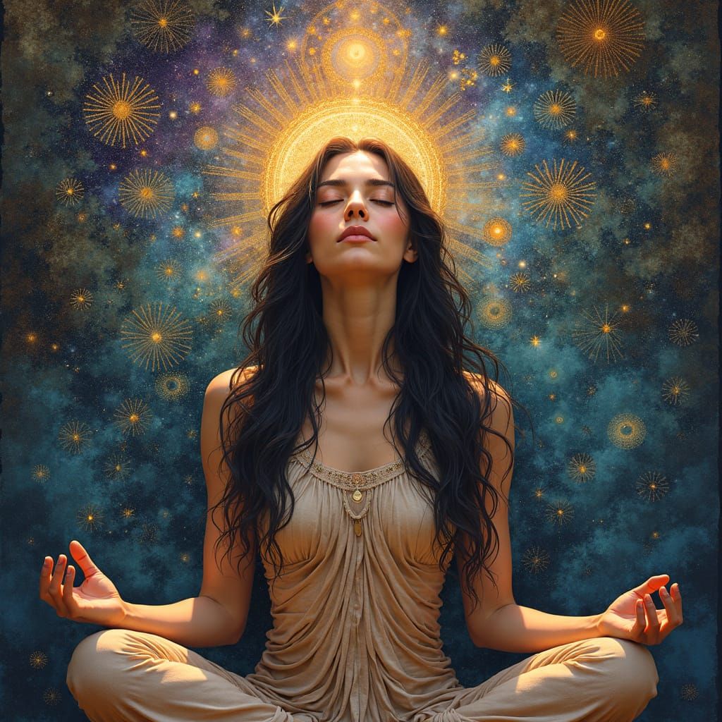 a women with a protective glow while meditating and relaxing back ground earthly   by @sarah mcbain 