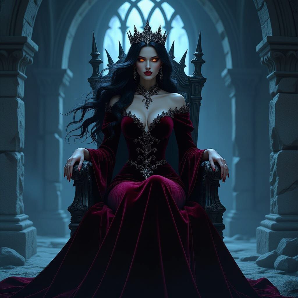 A beautiful Fae Queen, female, with large, iridescent butterfly wings and a gown made of flowing vines and luminous flowers, floating gently... - Start Image 1