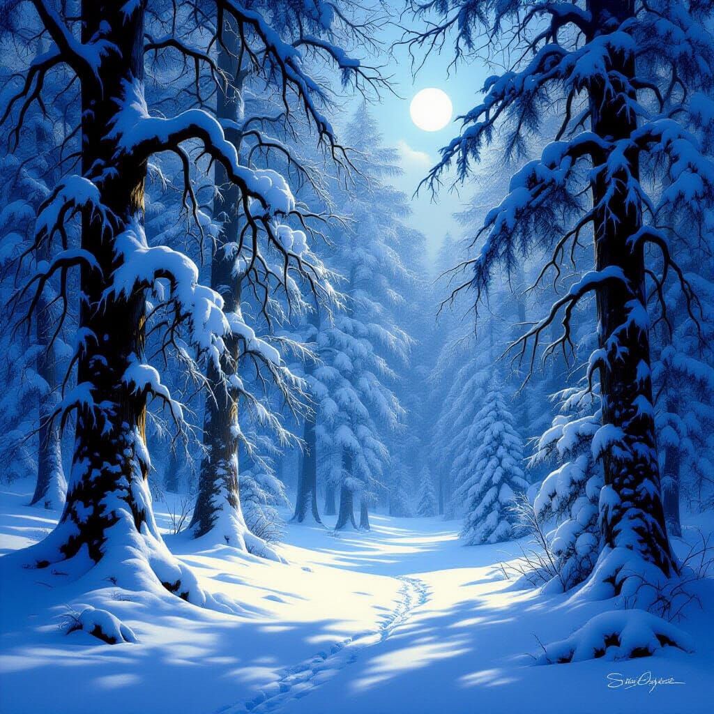Ethereal Snow-Covered Forest Under Moonlight