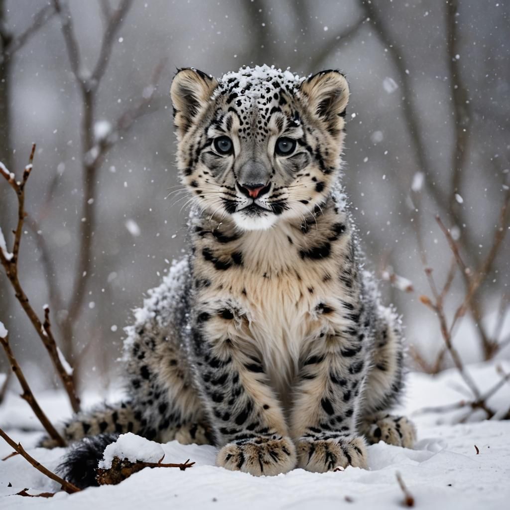 A baby snow leopard in snow