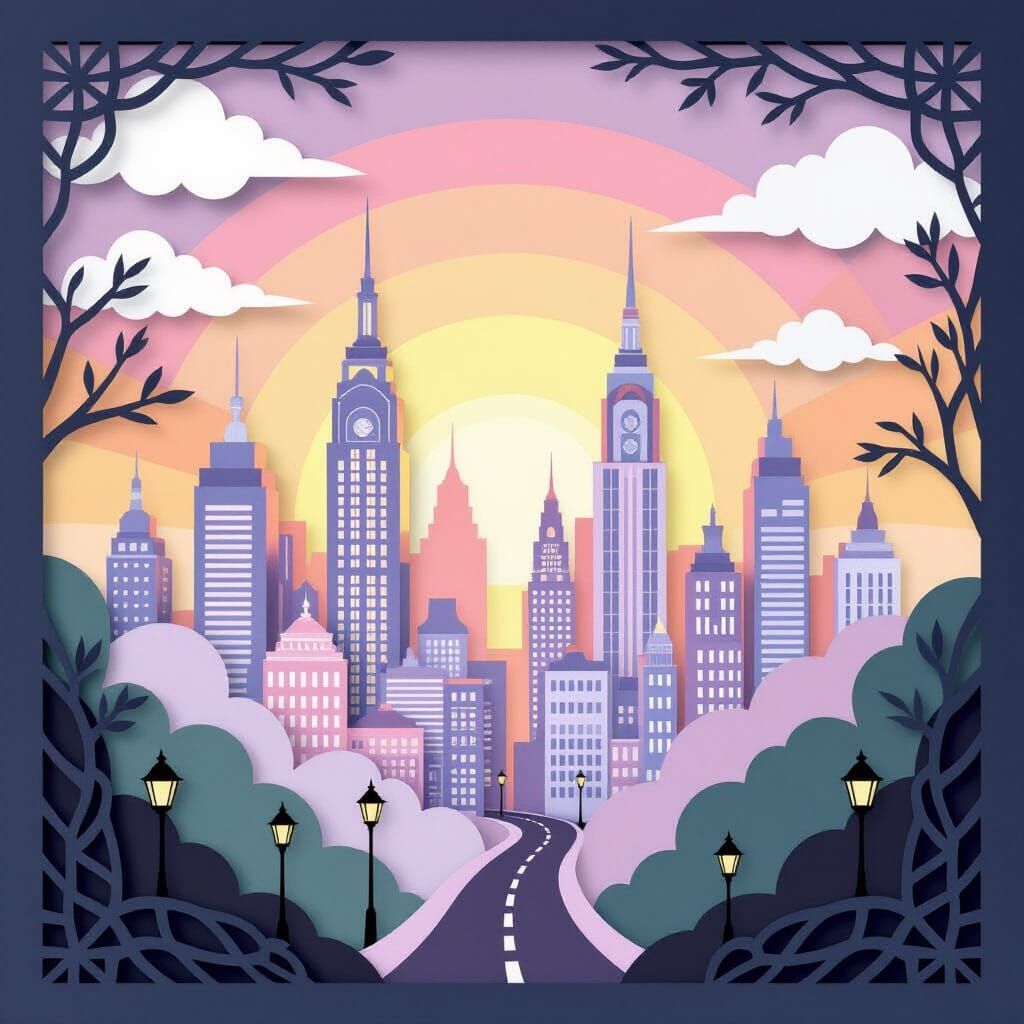 Pastel Paper Cutout Cityscape at Sunrise