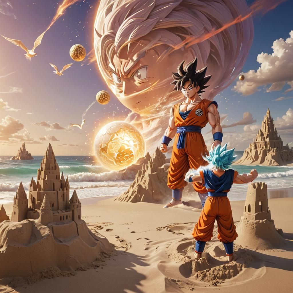 Goku and Sandcastles in Anime-Inspired Splash Art
