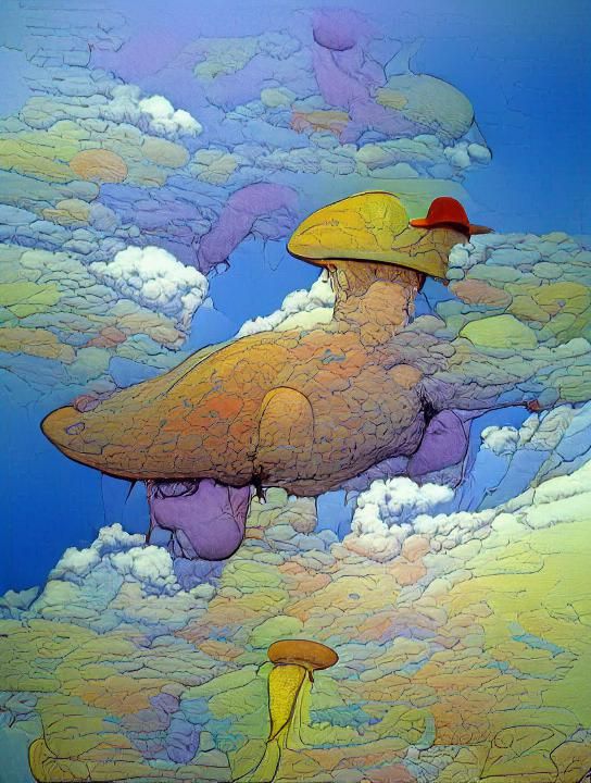A mushroom in the clouds in the style of Moebius, colourful ...