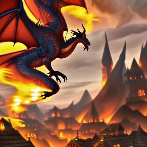 fire breathing dragon destroying a village