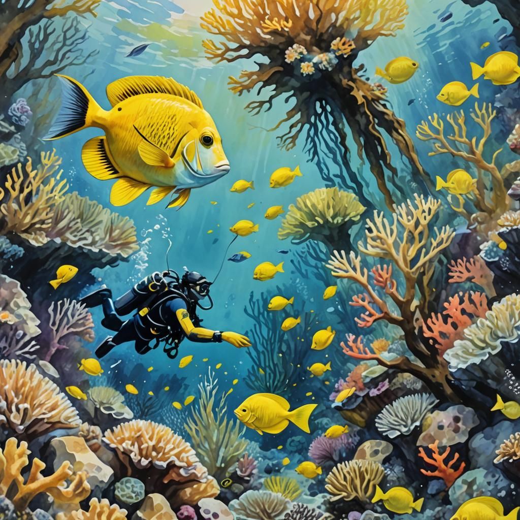 A scuba diver spear fishing for yellow tang at a coral reef.