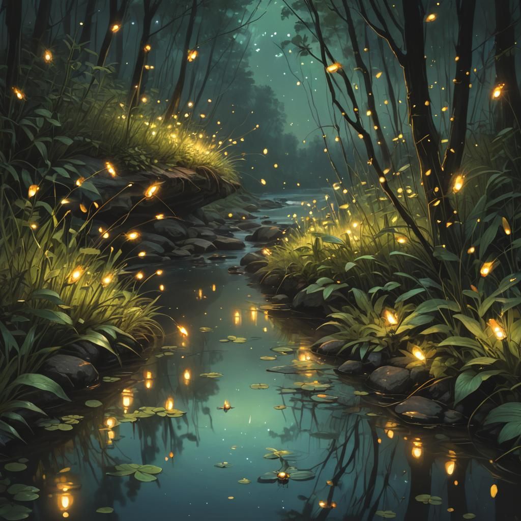 magical depiction of fireflies reflecting on a stream