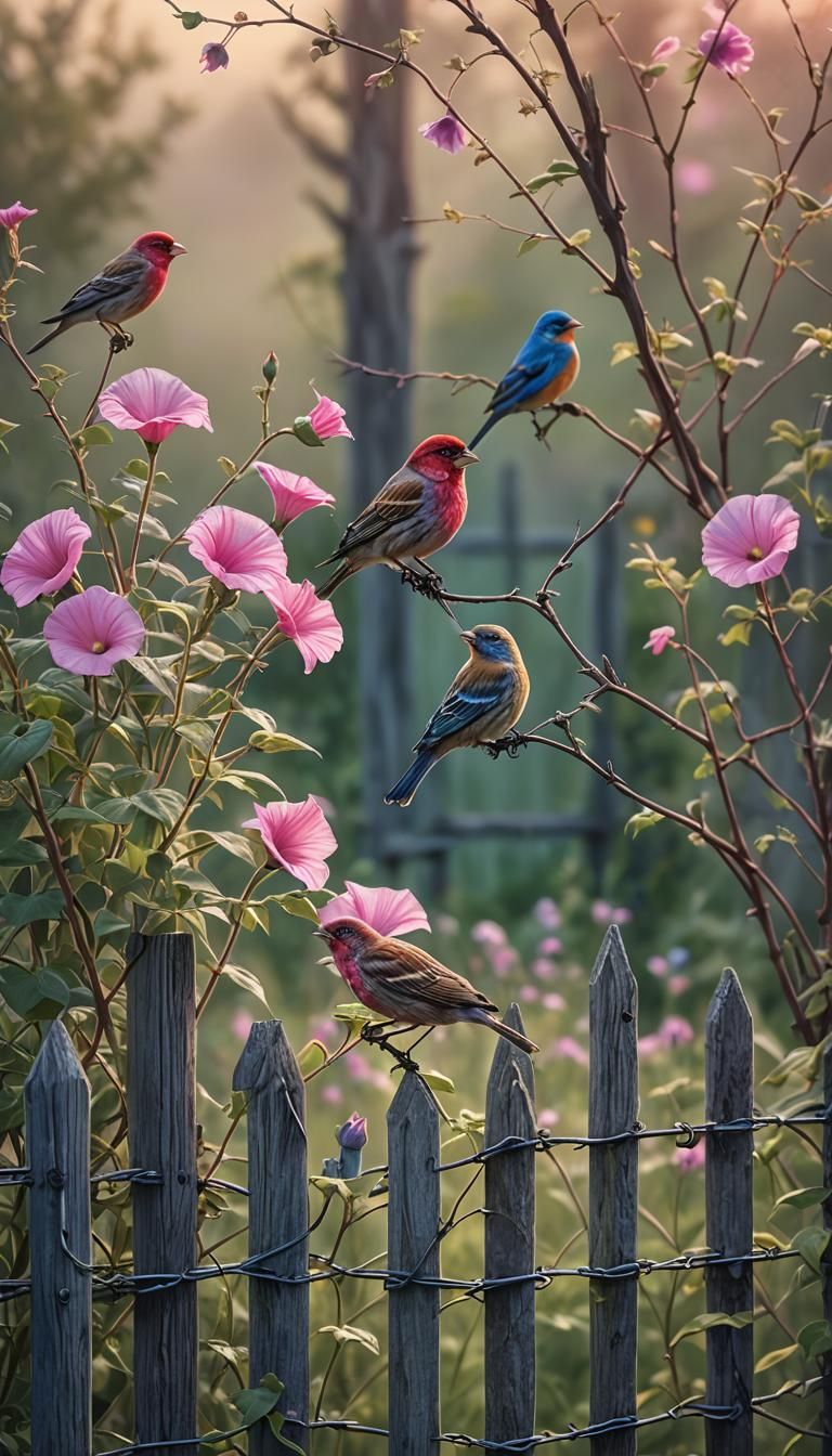 Pink Morning glory through wire fence. Lazuli Bunting and ho...