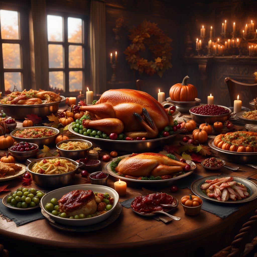 Huge Thanksgiving feast set out on a table  by @Sharoja