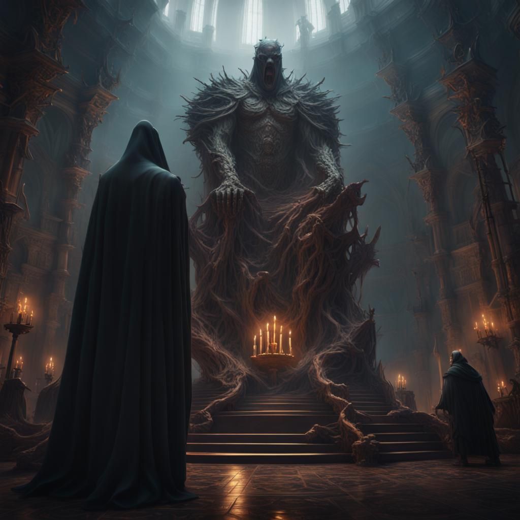 a giant dark choir worshiping a terrifying cloaked statue