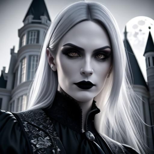 <lora:Dark gothic vampires:0.7>close Up portrait photography, of a modern, vampire, Moonlight, gothic mansion, High contrast, Sharp focus, b...