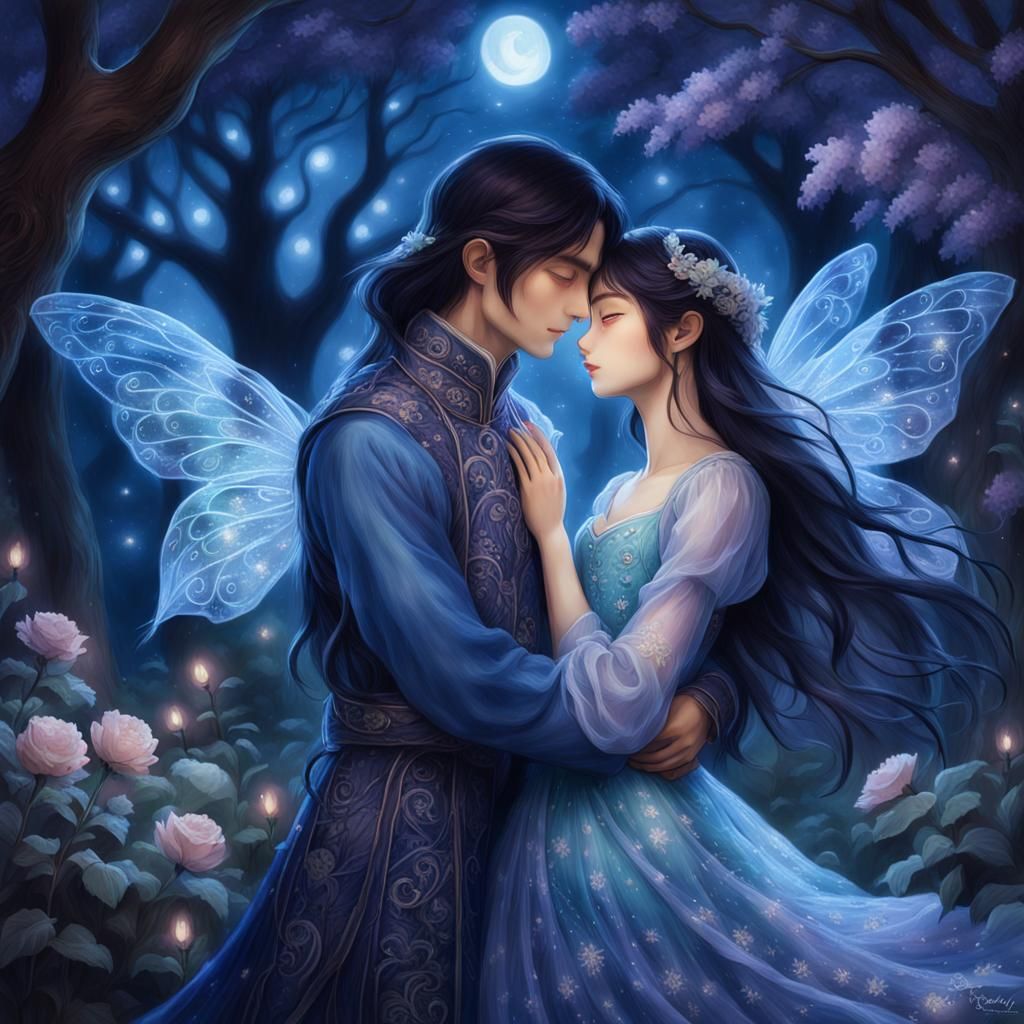Romantic Fairy Embracing Her Lover in Moonlit Garden