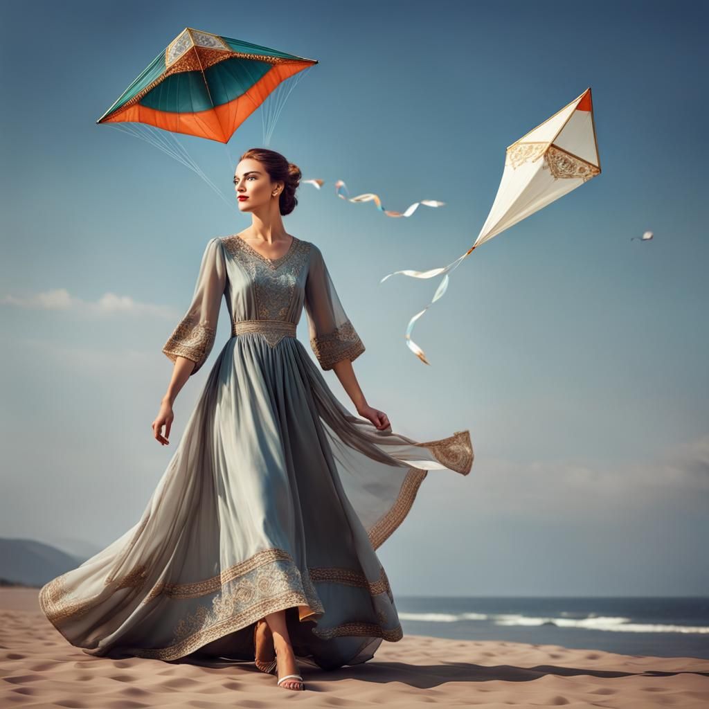 A beautiful and elegant woman with a dress like a kite