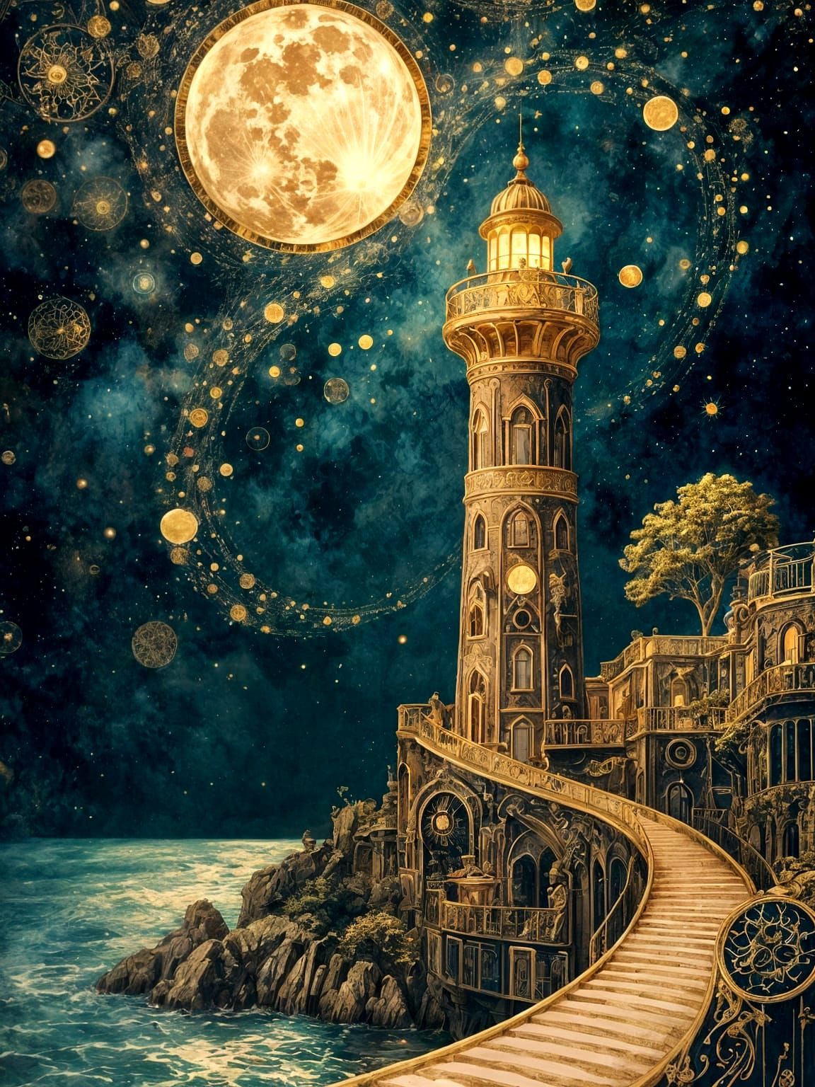 <lora:LuxeVisionsFlux:1.0>A lighthouse by the sea, cosmic sky, beautiful moon, luminous gold, white and jewel tones, intricate details,  opu...