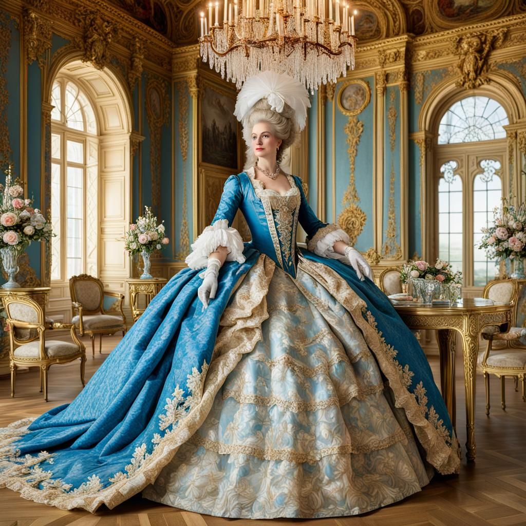 ultra-realistic portrait of the queen of France Marie Antoinette in eighteenth-century style on a background in the palace of Versailles