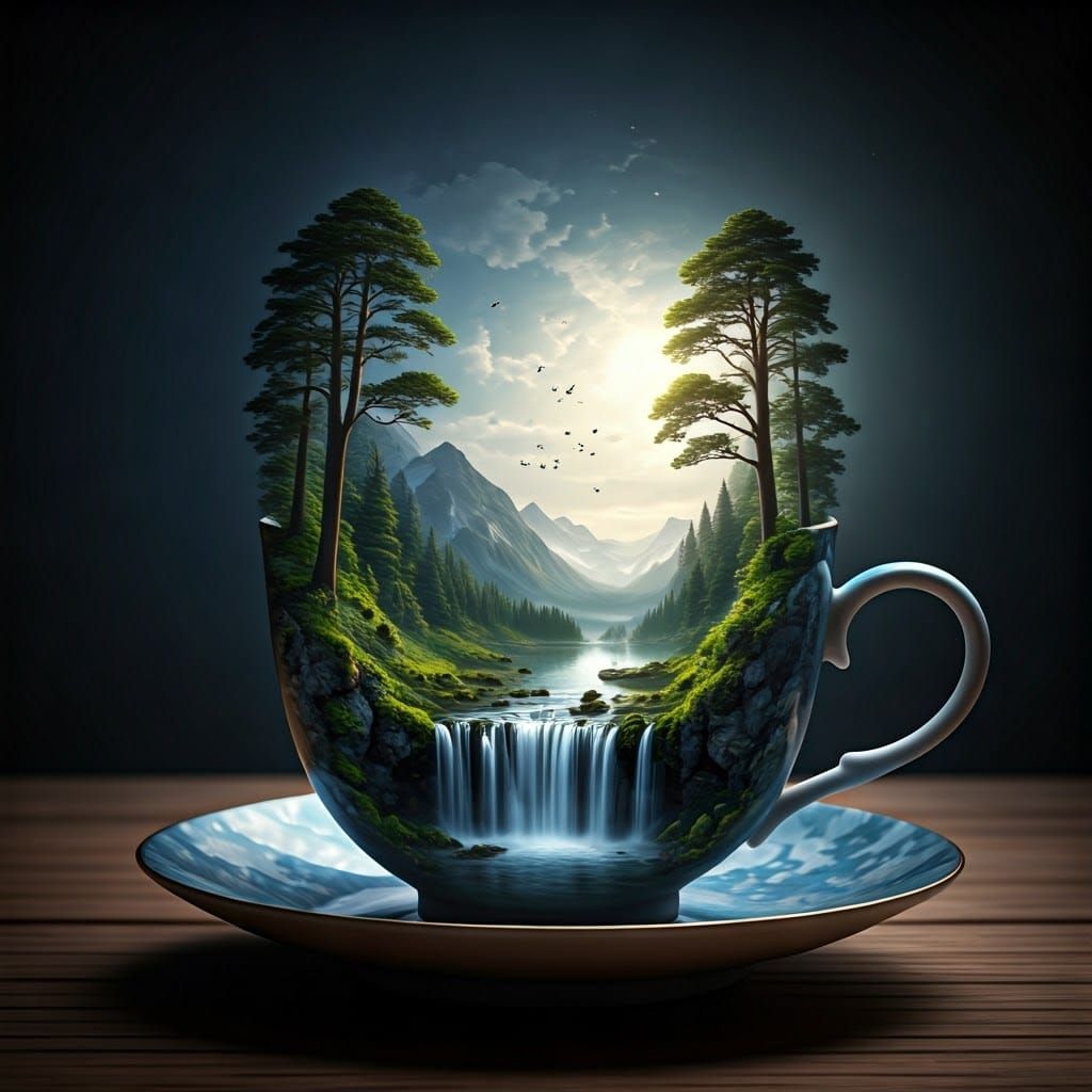 beautiful porcelain teacup with waterfall flowing over one edge into the inside of the cup
where there ...  by @whiterose