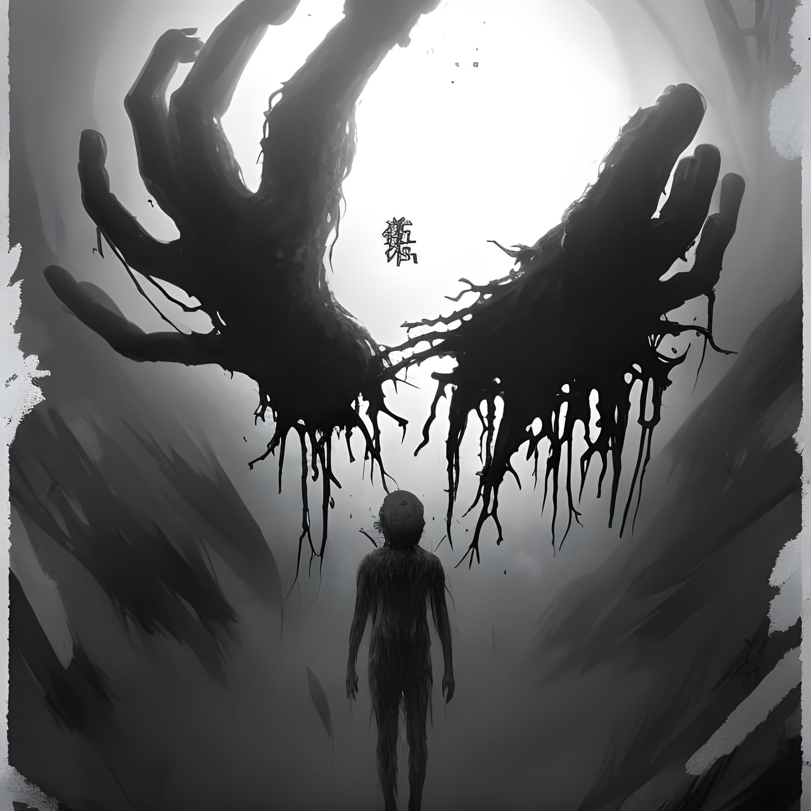 Monster with Interlocked Hands in Kintsugi Ink Drawing