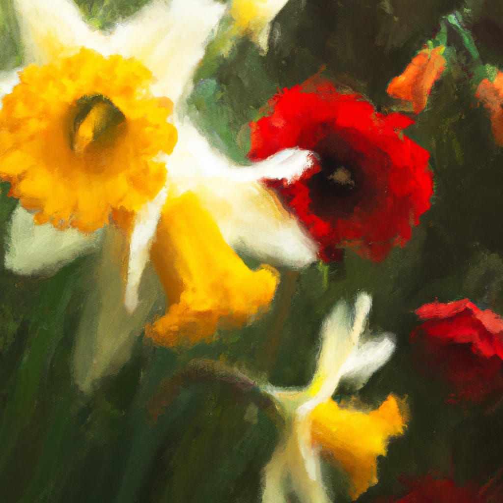 Daffodils and poppies in the wonderful oil painting style of Beth