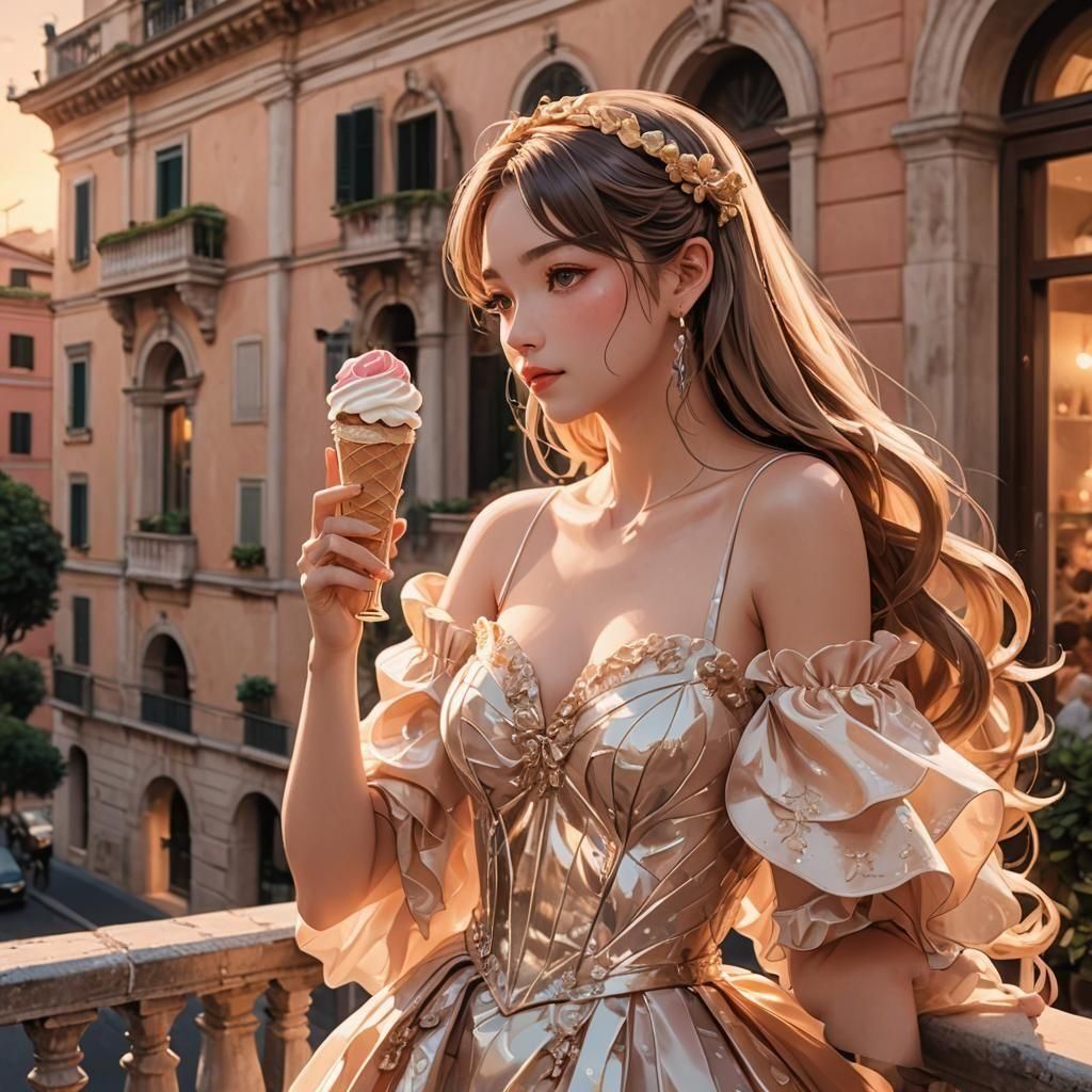 A young beautiful and classy lady wearing an cocktail evening  modern dress is slowly licking an ice cream cone. Her other hand is empty. Sh...