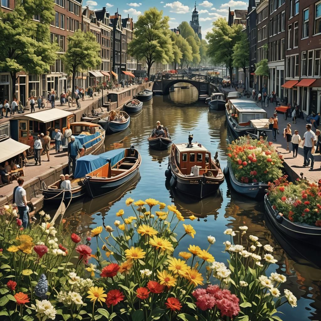 A nice sunny day, boats on the canal in Amsterdam, laden wit...