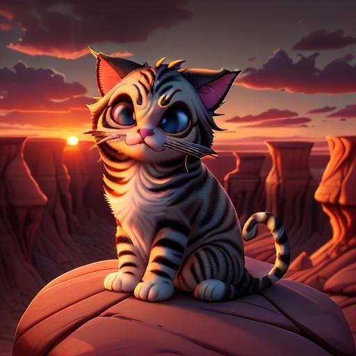 <lora:JackSnailington SD15:1.0> A Grumpy Kitten sitting on a rock, stunning desert sunset. Endless landscape view.