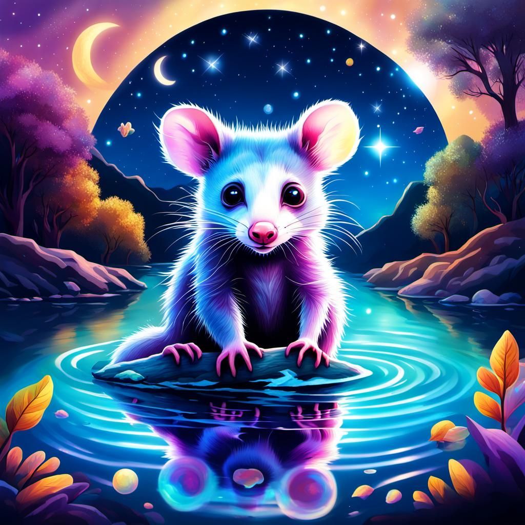 Adorable opossum splashing a river in the moonlight 