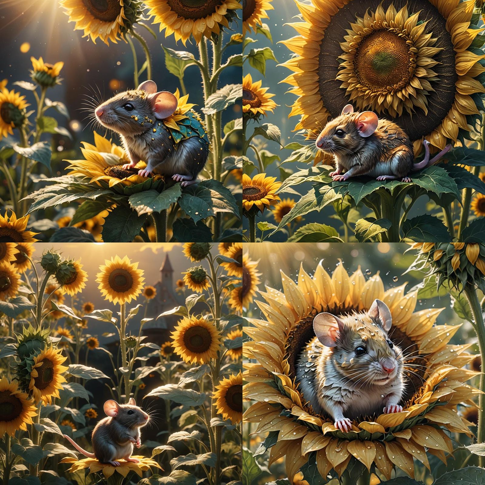 A tiny mouse basking in the sun atop a sunflower