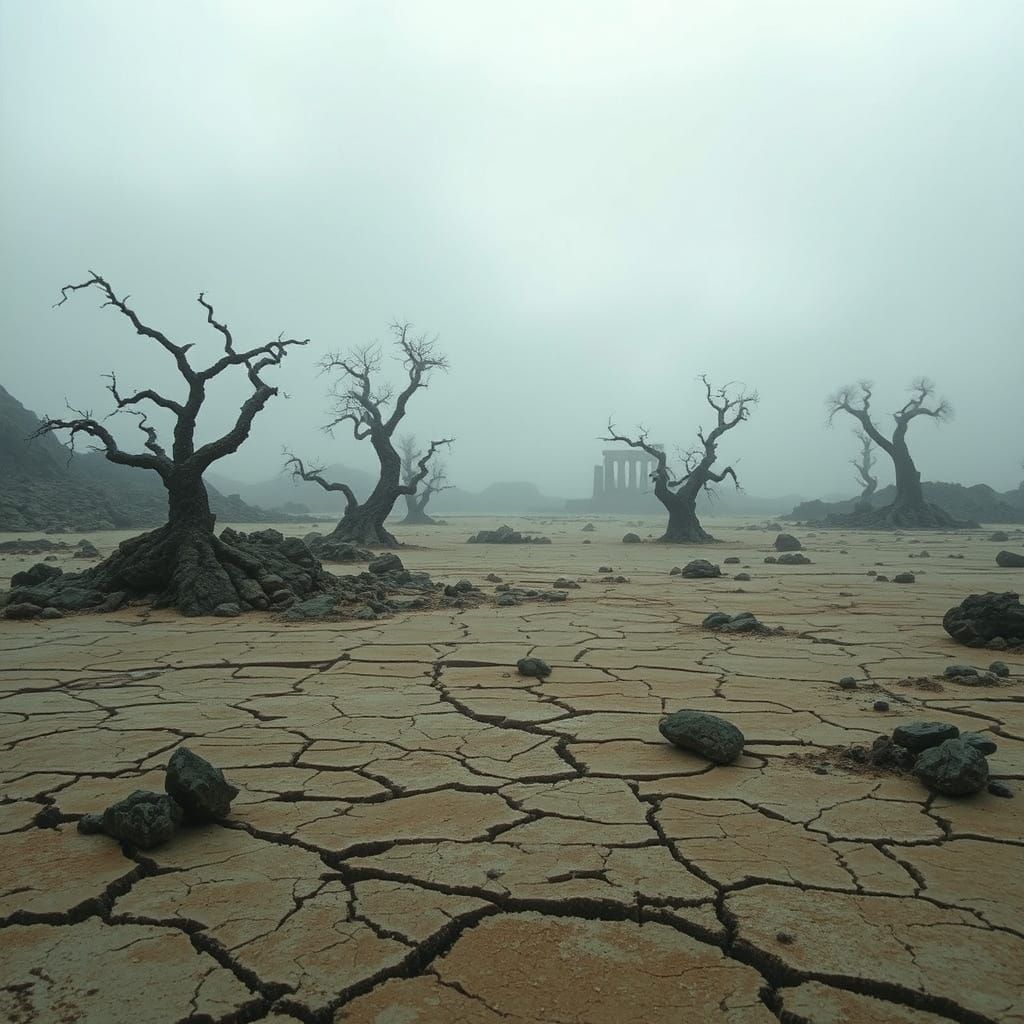 Dreamlike Badlands Landscape with Ancient Temple Ruin