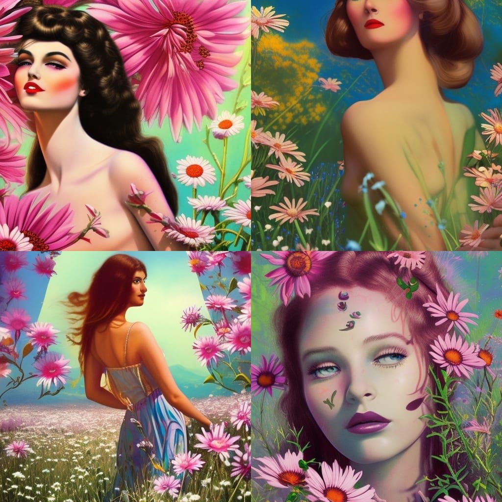 hippy woman in the midst of daisies, 60s fashion magazine co...