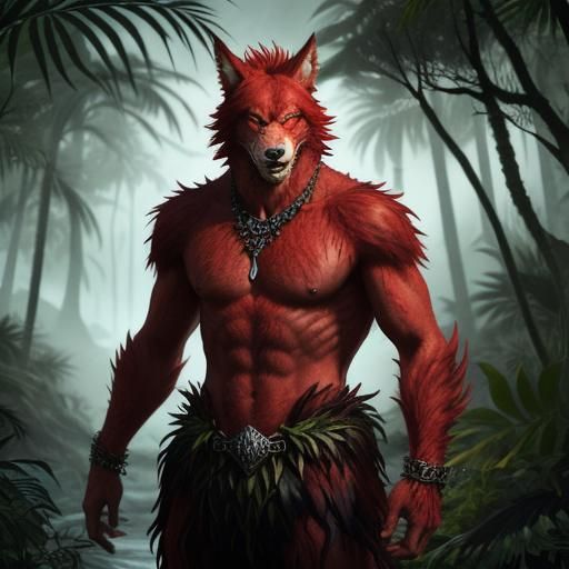 A redhead shifting to a fierce red werewolf with a slender build. <lora:Fierce Werewolf SD:1.0>
