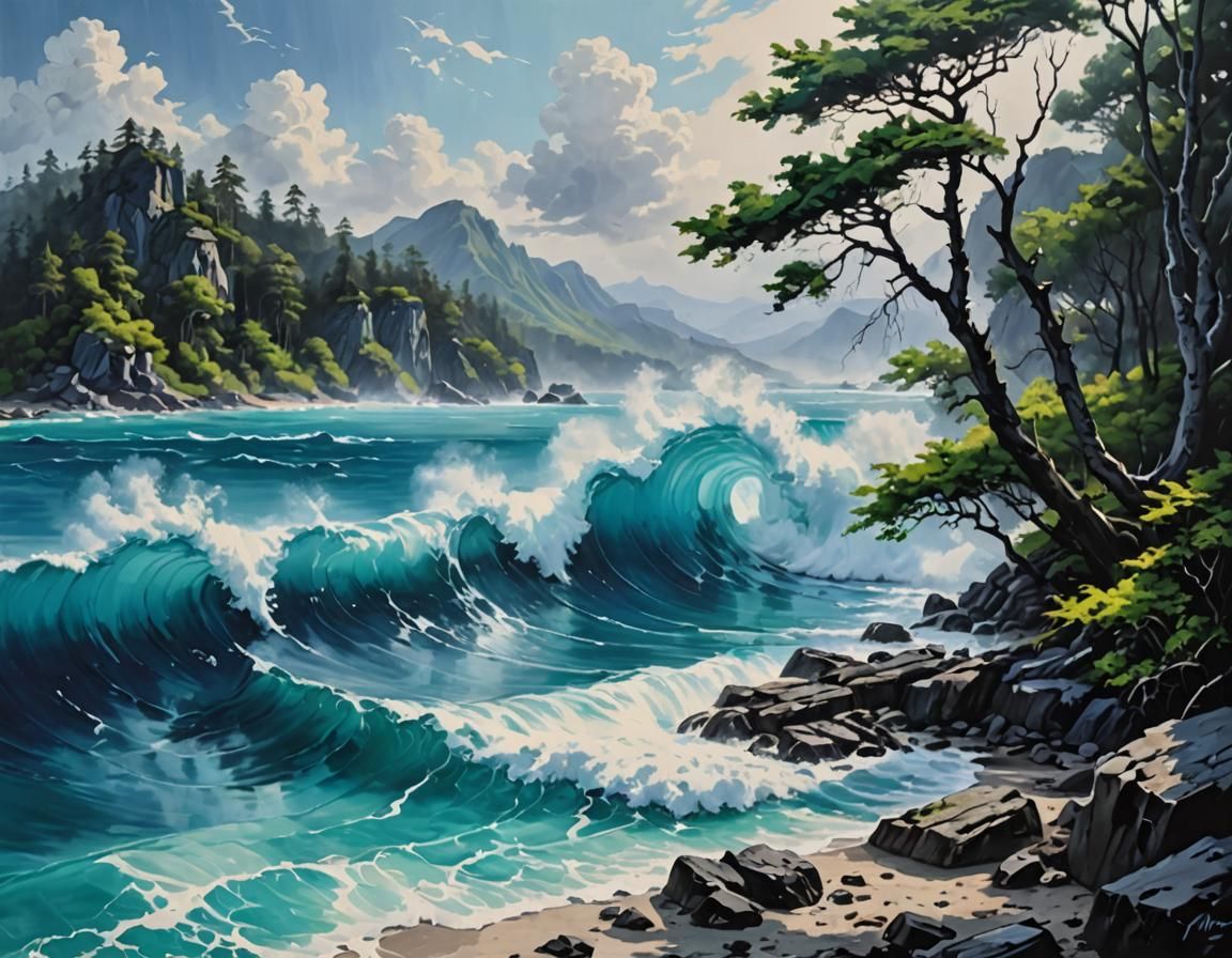 (China) crashing tides, directing powerful ocean storms, Oil Painting A crystal clear lake with vivid turquoise waters, surrounded by a fore...