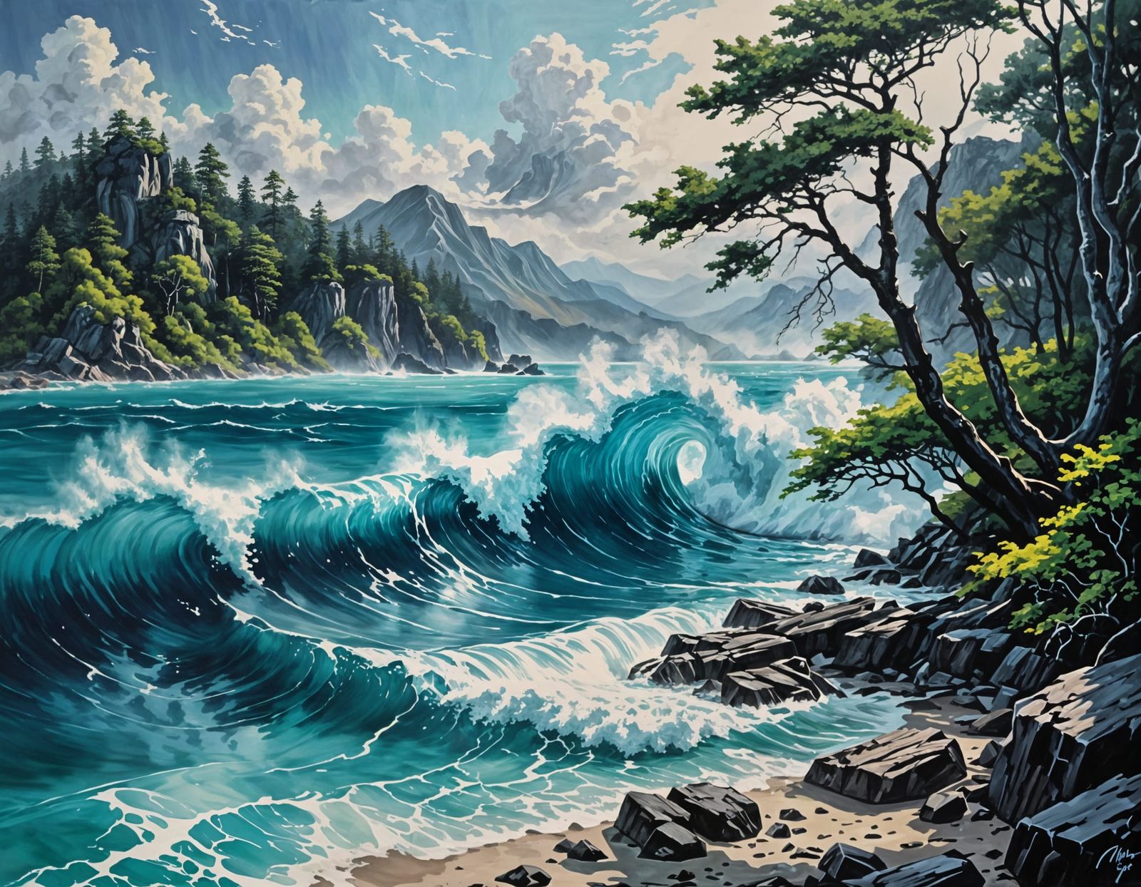 (China) crashing tides, directing powerful ocean storms, Oil Painting A crystal clear lake with vivid ...  by @Dawnn