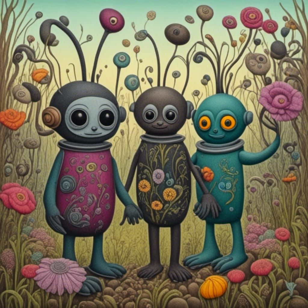 <lora:Charcoal Psychedelic V3:1.0> Cute robots in a flower garden 
