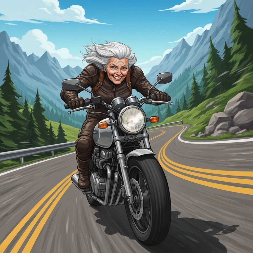 Fearless Grandma Rides Motorcycle on Mountain Road