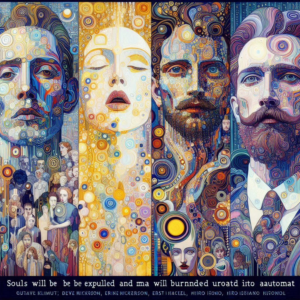 SOULS EXPELLED AND MAN TURNED INTO AN AUTOMAT multi-layered fantasy , with bold, clashing colors, illuminated by soft, e...