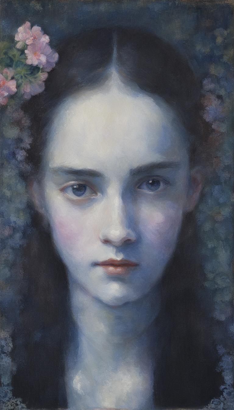 Aube en robe de printemps pose devant les géraniums sur le bord de  la fenêtre, en 1895 à la façon de  Diego A. Loayza