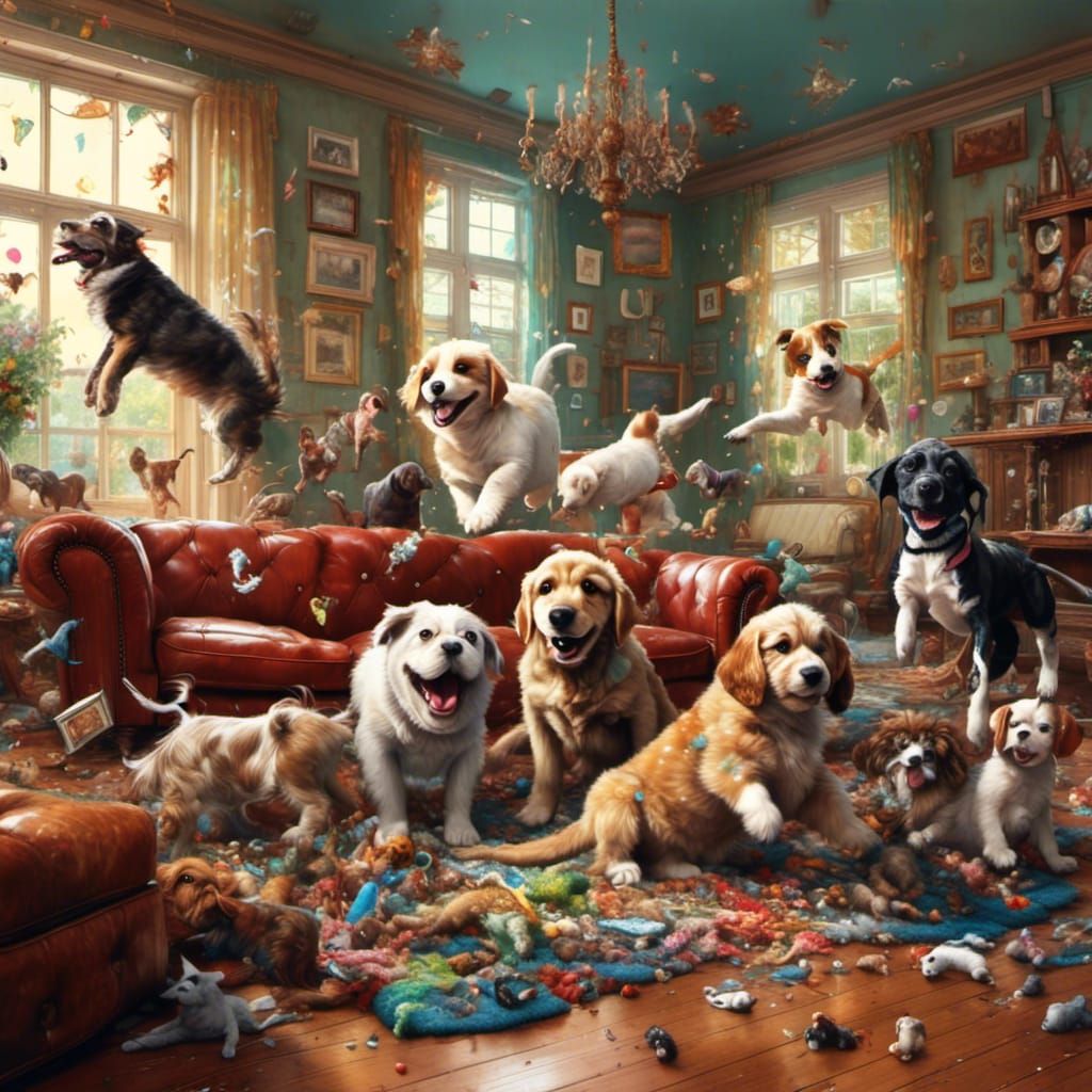 puppies causing chaos in a living room - AI Generated Artwork ...