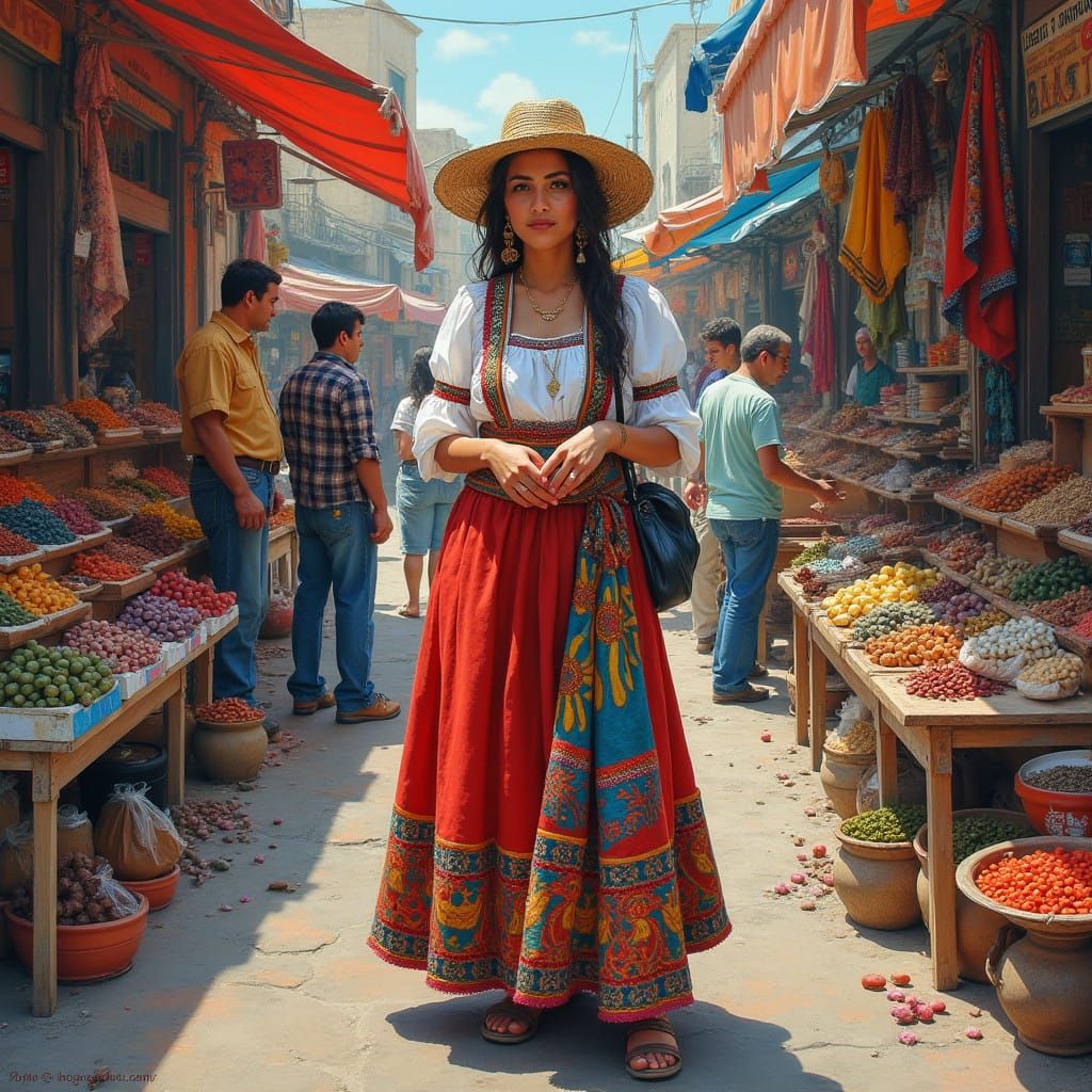 Woman in Traditional Israeli Attire Amidst Vibrant Marketpla...