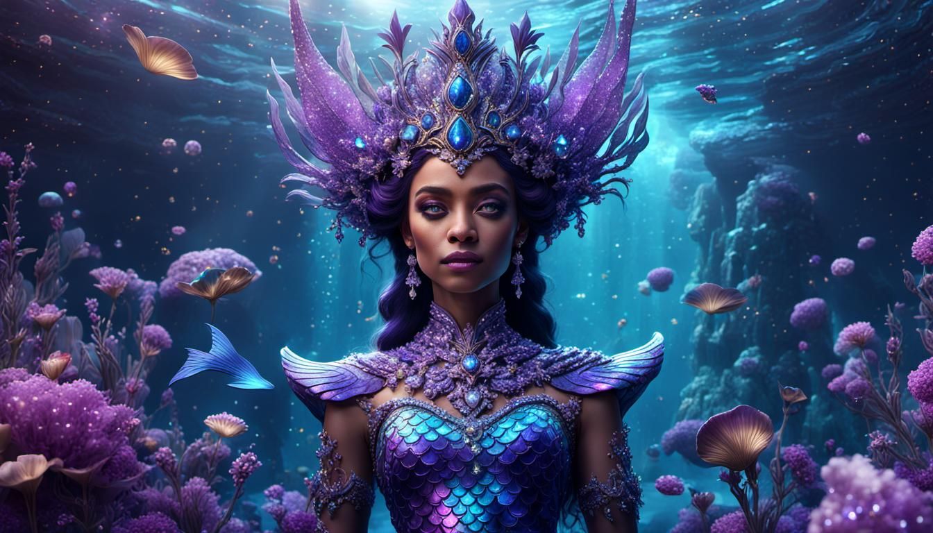 Stunning, galactic, regal, elaborate, glittering, shimmering mermaid queen with soft purple details, petals and jewels