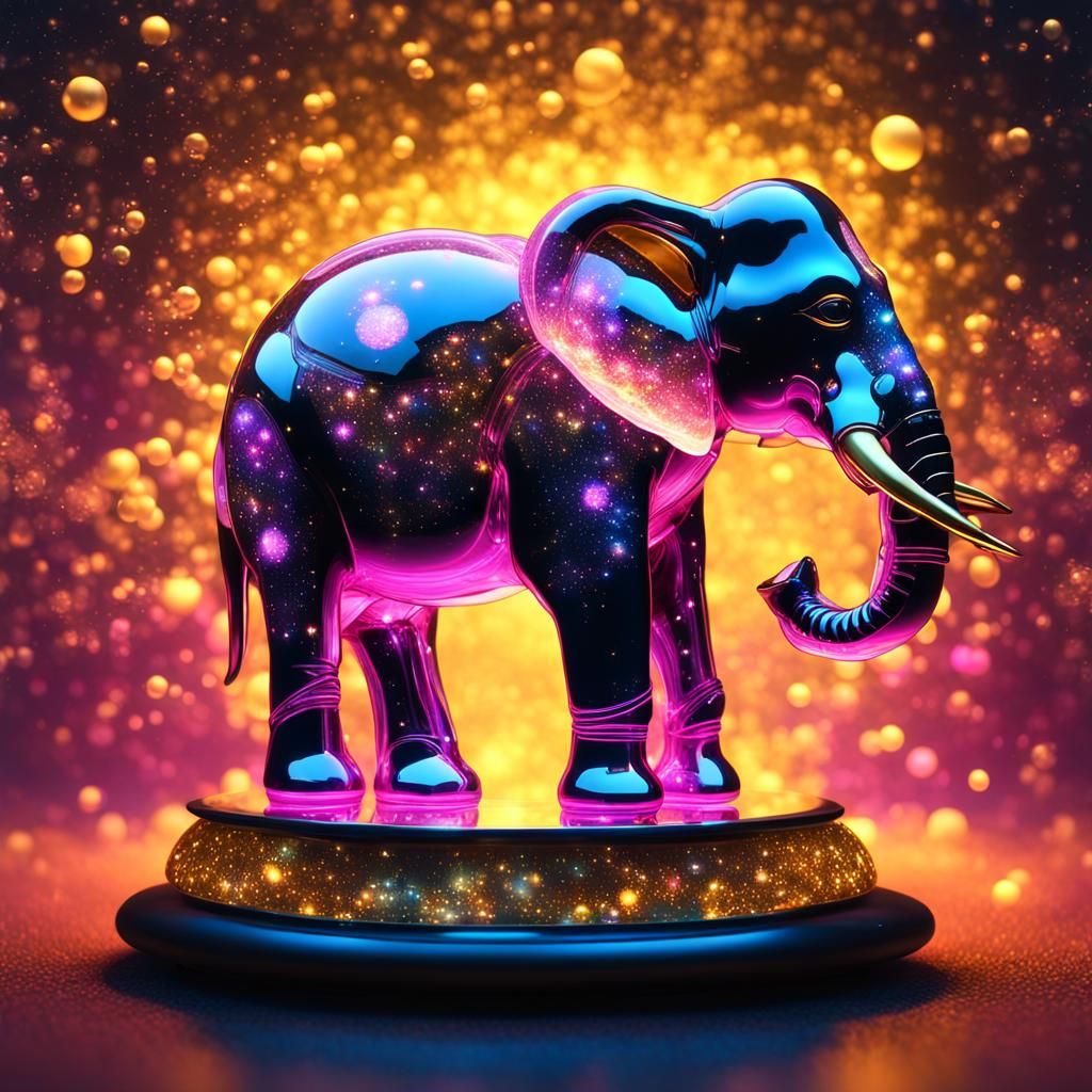 "The glass body of a pink elephant, with gold-plated interio...