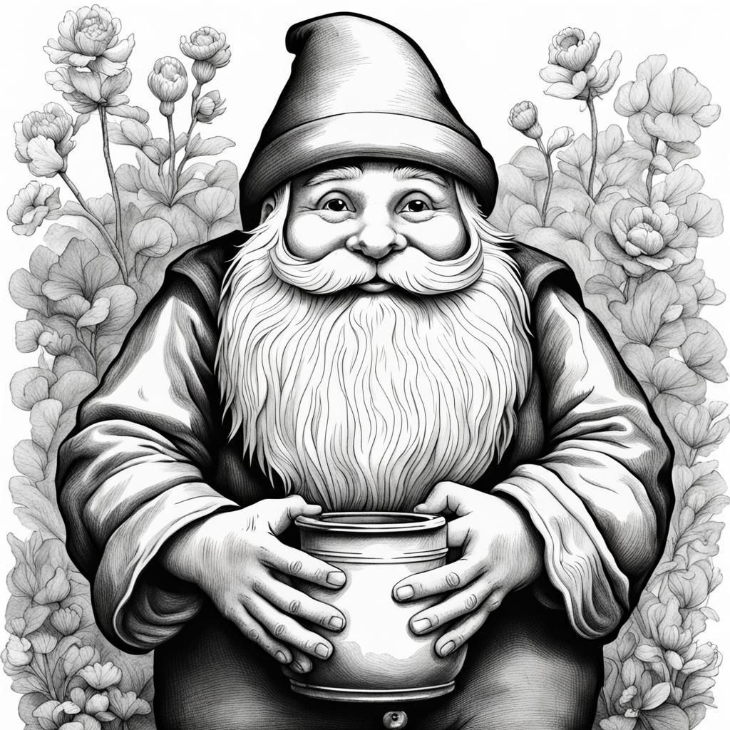 Black and white drawing of  garden gnome holding pot hands t...
