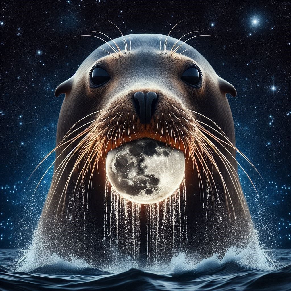 Sea lions playing with the moon