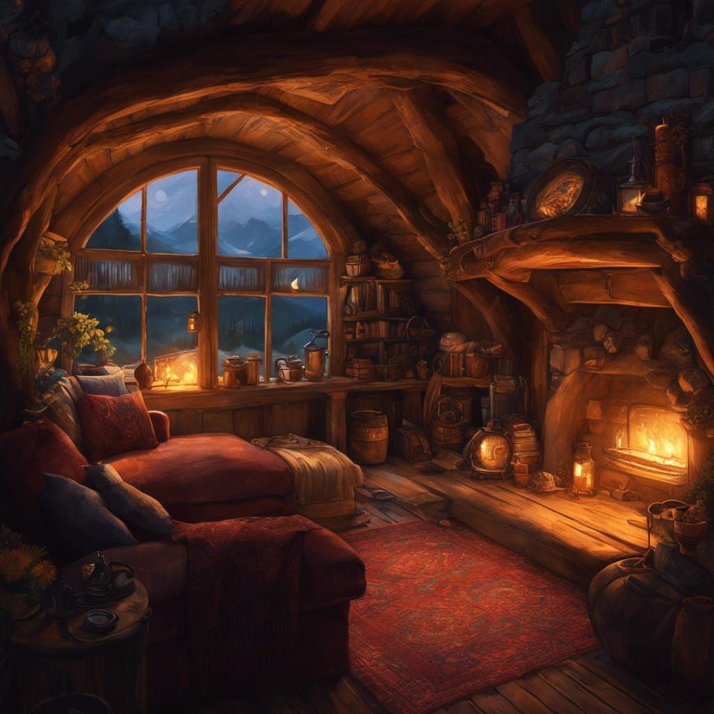 painting masterpiece inside Cozy hobbit cabin cute puppy nestled by ...