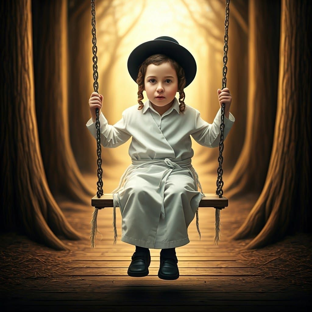 Orthodox Boy on Swing in Mystical Golden Light