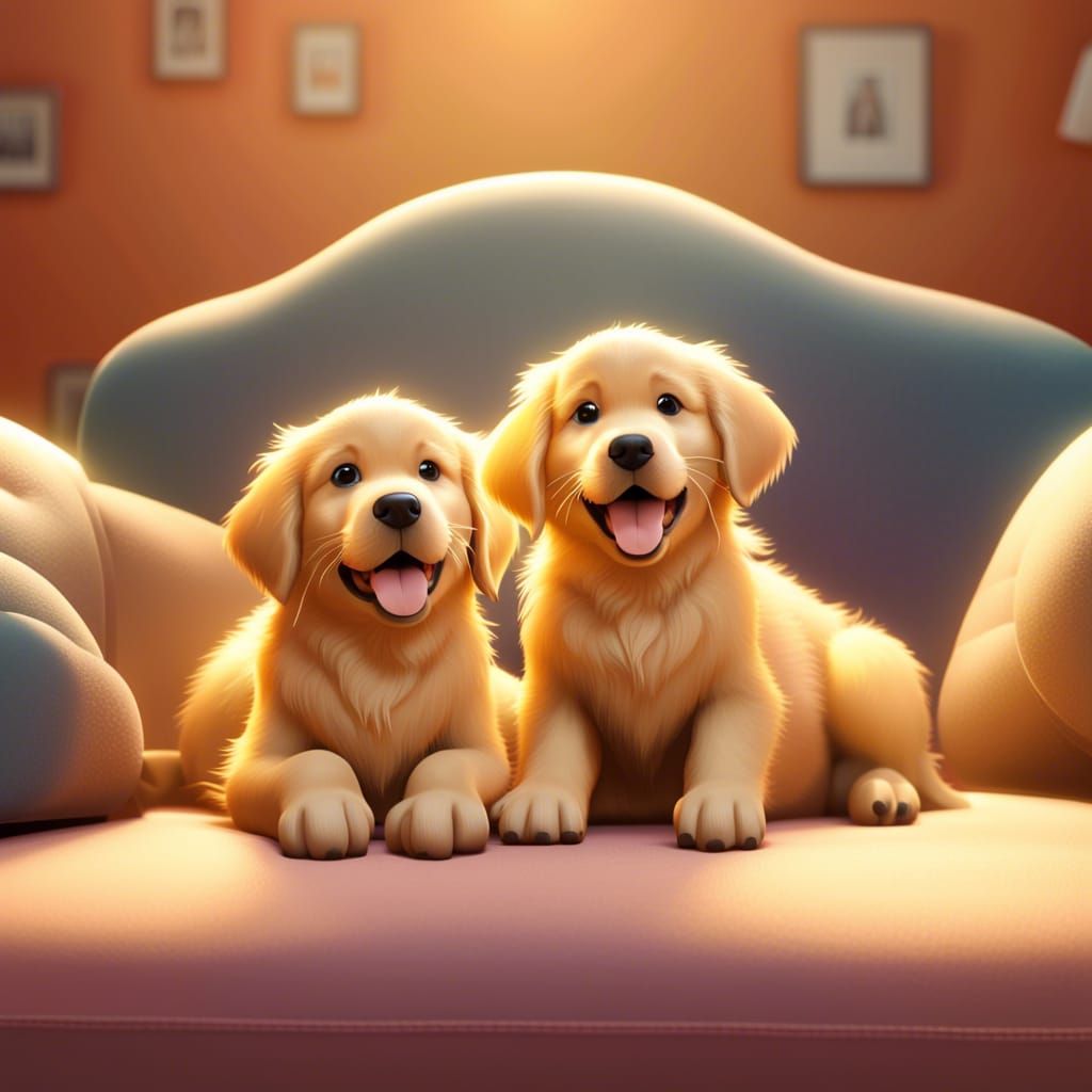 Golden Retriever Puppies on a Couch as 3D Art