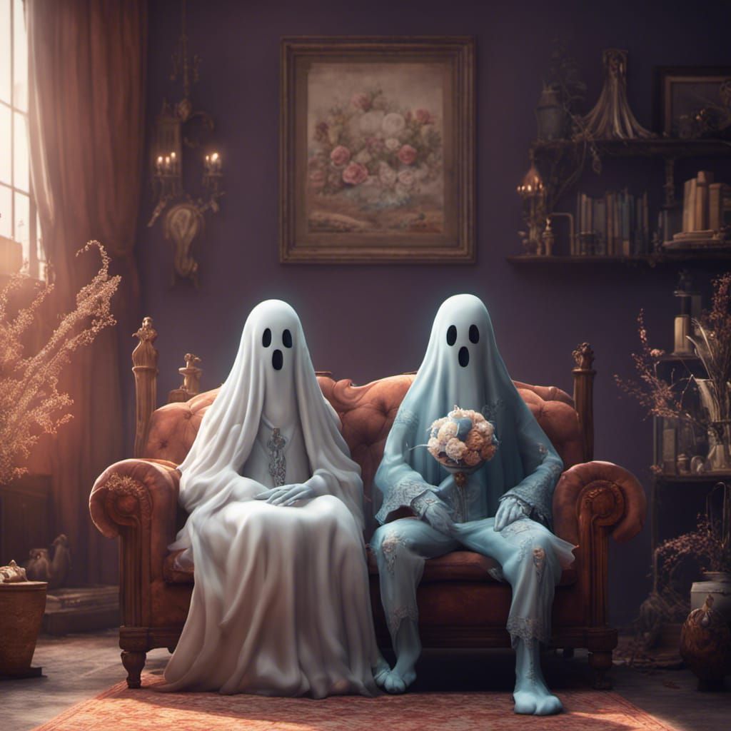 A cute ghost couple sitting on a loveseat in the living room