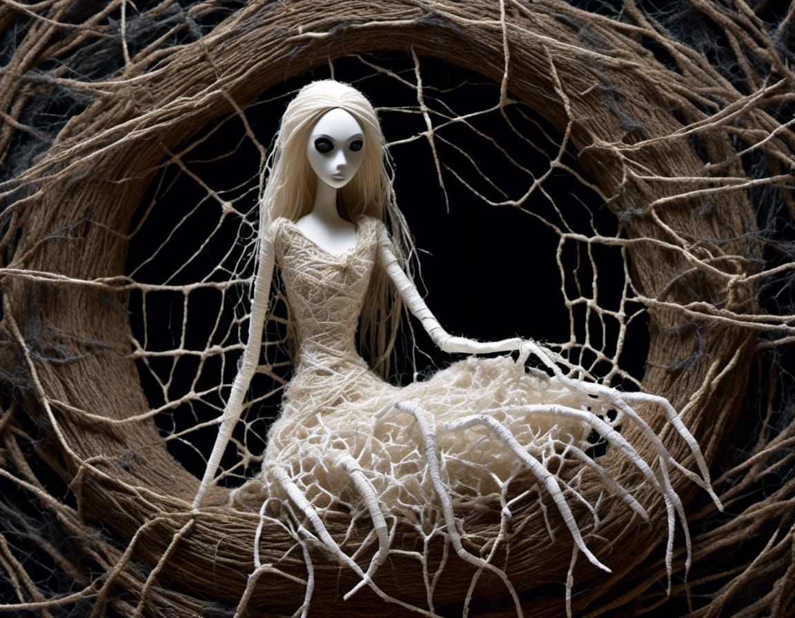 <lora:PR Twiggy Dolls:1.0> Folk art : an anthropomorphic woman-spider-hybrid cocooned in white delicate spiderwebs :: spiderweb clouds :: si...