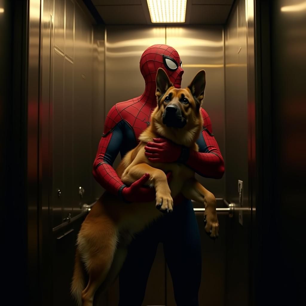 spider-man holding a german shepherd in an elevator