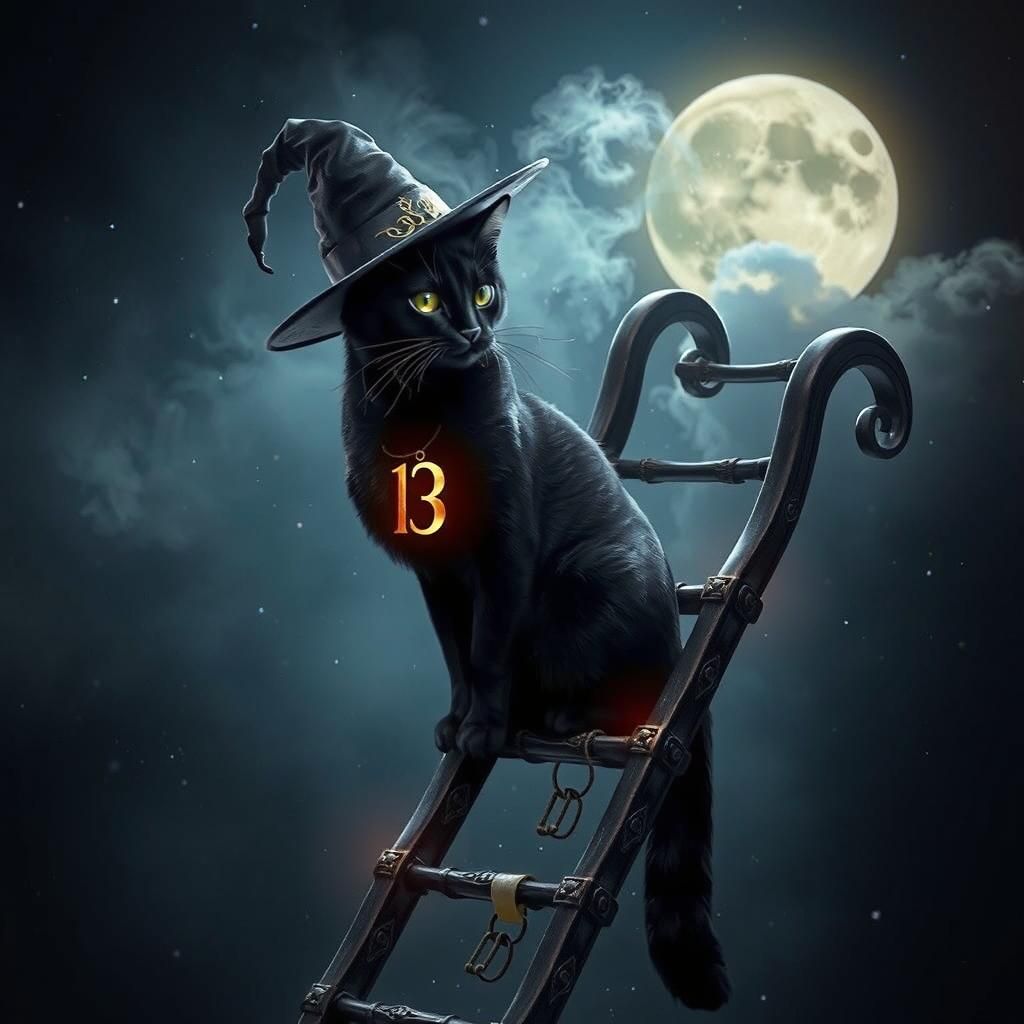 Black cat on a ladder wearing the number 13   by @Matt