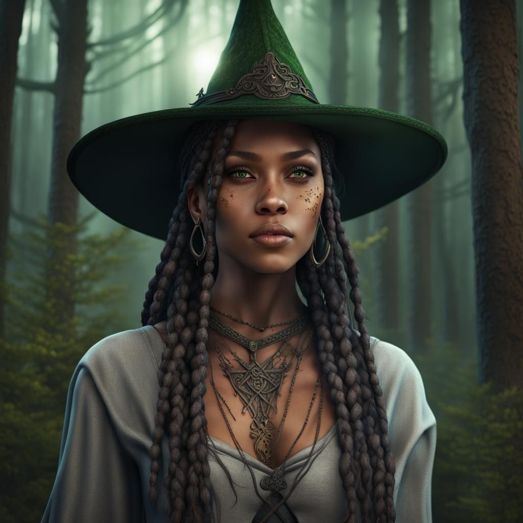 a beautiful biracial witch with green eyes, long braids, fre...