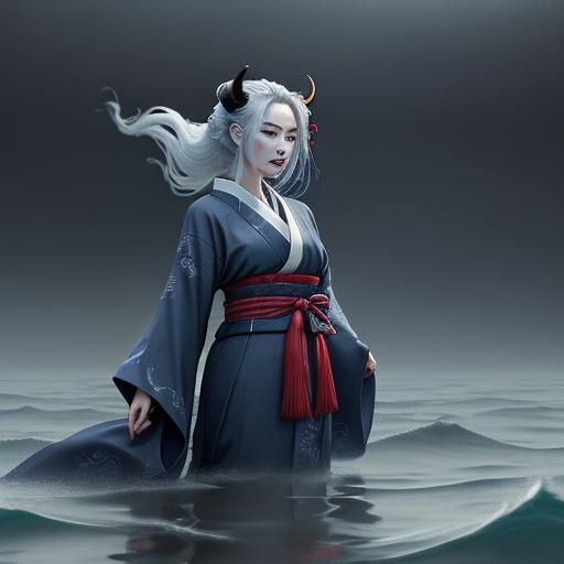 Moonlit Oni by the Sea: Dark Fantasy Concept Art